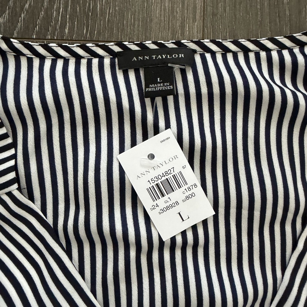 Ann Taylor NWT Striped Long Sleeve Faux Wrap Blouse Top Large Preppy Office - Picture 5 of 11